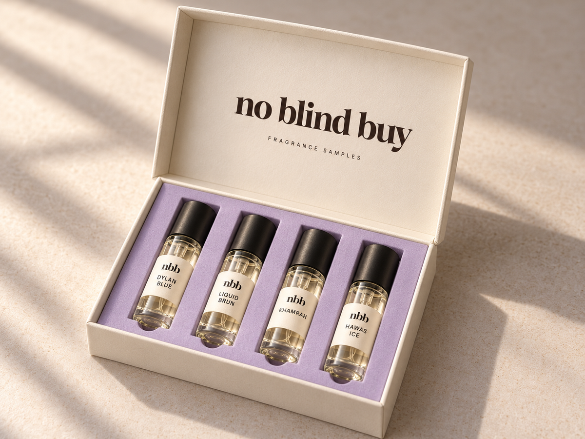 No Blind Buy scent kit: four labeled sample vials in a gift box